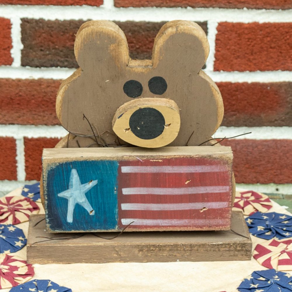 Rustic Primitive Garden Farmhouse TEDDY BEAR Americana USA 4th Of July Decor
